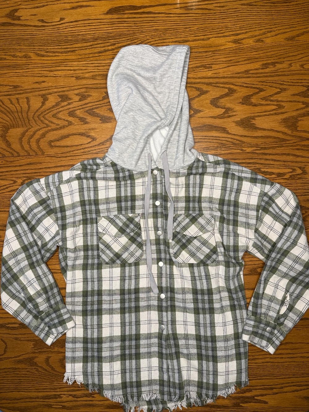 Women's Gray & Green Plaid Button-Up Shirt Jacket with Hood